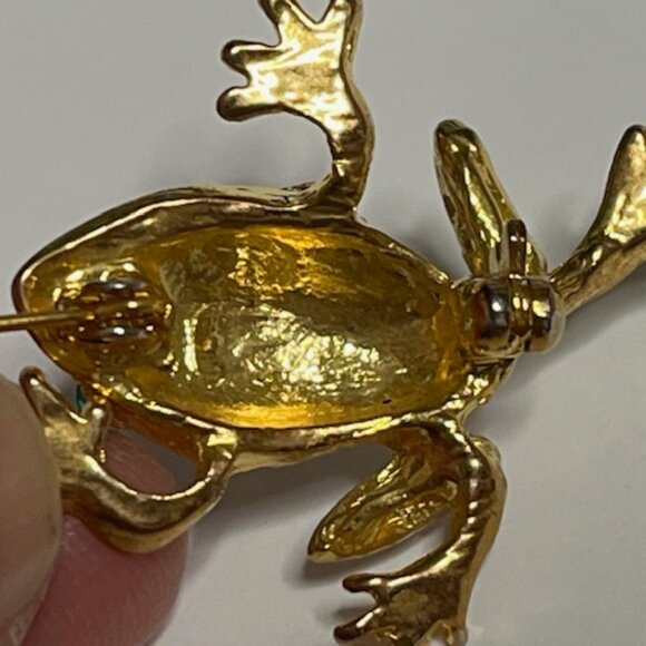 Clear Green Rhinestones Gold Tone Leaping Frog Brooch Pin 1.25" - Picture 12 of 14